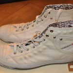 Diesel mens High Top LEATHER Gunmetal sneakers metal studs inlay Sz 45 12 White