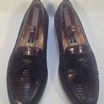 BRAGANO-COLE HAAN MENS REPTILE PATTERN BLACK SUEDE SLIP-ON LOAFERS TASSEL 9.5M
