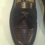 BRAGANO-COLE HAAN MENS REPTILE PATTERN BLACK SUEDE SLIP-ON LOAFERS TASSEL 9.5M