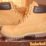 TAN WITH BROWN TRIM TIMBERLAND BOOTS SIZE 10.5–USED