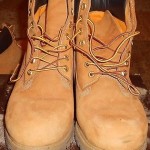 TAN WITH BROWN TRIM TIMBERLAND BOOTS SIZE 10.5–USED