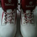 Red and white timberland boots size 13m