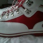 Red and white timberland boots size 13m