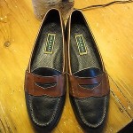 MENS COLE HAAN TWO TONE BLACK AND BROWN LEATHER PENNY LOAFERS SHOES 9.5 D