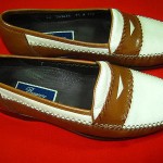 MENS BRAGANO BY COLE HAAN BROWN WHITE LEATHER PENNY LOAFERS SHOES SIZE 9.5 M EUC