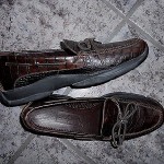 COLE HAAN Mens 13 M Brown LEATHER LOAFERS Moc Croc/Alligator Embossed EUC