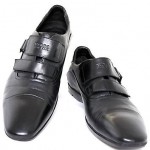BOSS HUGO BOSS BLACK GENUINE LEATHER LOAFERS CASUAL VELCRO MEN’S SHOES SIZE 9.5