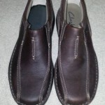 CLARKS LOAFERS  DARK BROWN  with BLACK   LEATHER UPPERS  SZ 10 M