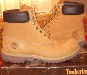 TAN WITH BROWN TRIM TIMBERLAND BOOTS SIZE 10.5–USED