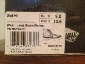 VANS SK8 HI PEARL JAM Men’s Size 9 LIMITED EDITION RARE SYNDICATE