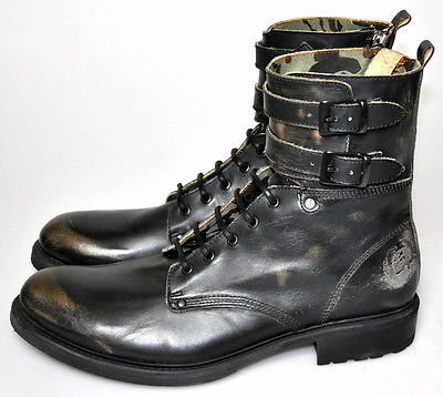 $500 NEW Diesel ELWOOD Black Leather Distressed Double Strap Buckle Boots 13