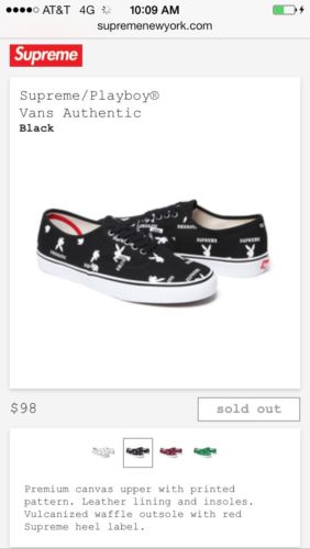 Supreme Playboy Vans Black Authentic Size 11.5 Brand New SS 14 box logo jersey