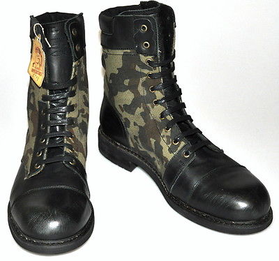$425 NEW Diesel CASSIDY Black Leather & Camouflage Canvas Ankle Boots 46/12.5
